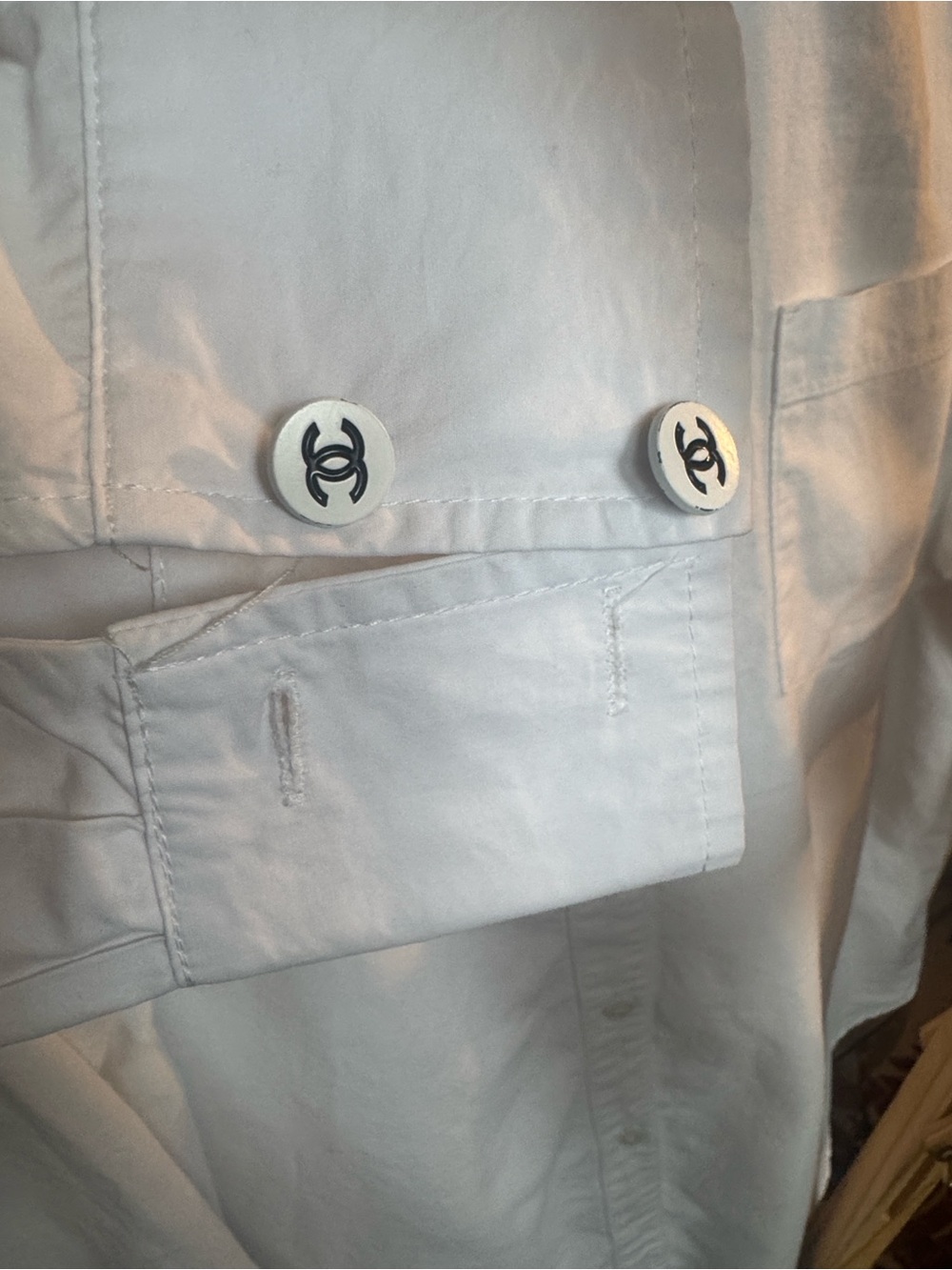 CHANEL White Button-Up Shirt with Black CC Pocket Logo - Picture 4 of 5
